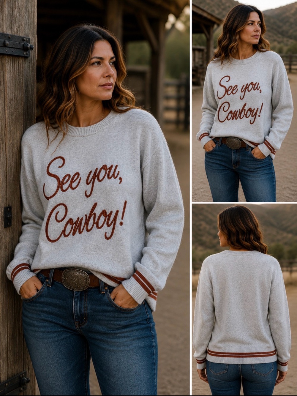 See You, Cowboy! Women’s Crewneck Sweater - Light Gray with Rust Script